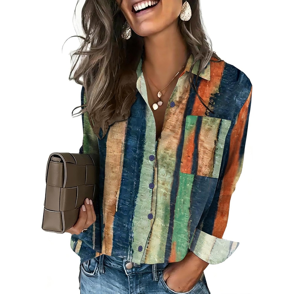 image:imageHOTOUCH Button Down Shirts for Women Long Sleeve Blouse Dressy Casual Business Work Tops with PocketMulticolored