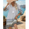 image:imageHOTOUCH Boho Dresses for Women Casual Beach Summer Dress V Neck 34 Long Sleeve Short Floral Print Swimsuit Cover Up Sundress01awhite