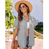 image:imageHOTOUCH Linen Shirts for Women Button Down Short Sleeve Tops Cotton Blouses Collared Buttonup Beach Vacation OutfitsBlack Stripe