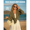 image:imageHOTOUCH Womens Button Down Shirts Linen Cotton Long Sleeve Blouses Casual Collared Loose Fit Gauze Tops with PocketParmy Green
