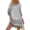 image:imageHOTOUCH Boho Dresses for Women Casual Beach Summer Dress V Neck 34 Long Sleeve Short Floral Print Swimsuit Cover Up Sundress01awhite