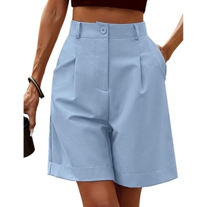 image:imageHOTOUCH Bermuda Shorts for Women Summer Dressy Casual Elastic High Waisted Wide Leg Knee Length Shorts with PocketsLight Blue