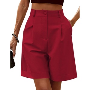 image:imageHOTOUCH Bermuda Shorts for Women Summer Dressy Casual Elastic High Waisted Wide Leg Knee Length Shorts with PocketsRed