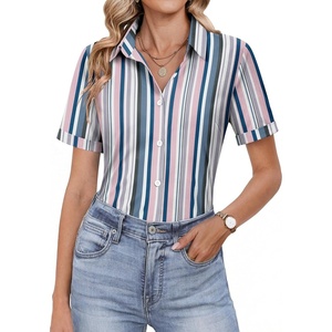 image:imageHOTOUCH Button Down Shirts for Women Short Sleeve Dress Shirts Fitted Business Casual Blouse Office Work TopsZstripes Multicolor