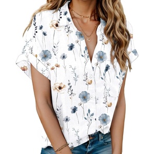 image:imageHOTOUCH Linen Shirts for Women Button Down Short Sleeve Tops Cotton Blouses Collared Buttonup Beach Vacation OutfitsA01white Print