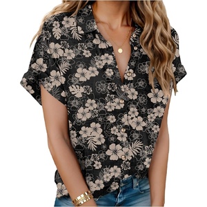 image:imageHOTOUCH Linen Shirts for Women Button Down Short Sleeve Tops Cotton Blouses Collared Buttonup Beach Vacation OutfitsBlack Hawaiian
