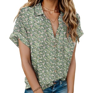 image:imageHOTOUCH Linen Shirts for Women Button Down Short Sleeve Tops Cotton Blouses Collared Buttonup Beach Vacation OutfitsFloral Green