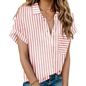 image:imageHOTOUCH Linen Shirts for Women Button Down Short Sleeve Tops Cotton Blouses Collared Buttonup Beach Vacation OutfitsStripe Peach