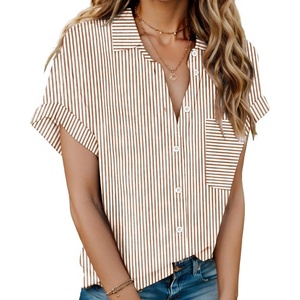 image:imageHOTOUCH Linen Shirts for Women Button Down Short Sleeve Tops Cotton Blouses Collared Buttonup Beach Vacation OutfitsStriped Brown