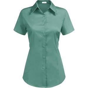 image:imageHOTOUCH Womens Basic Button Up Shirt Short Sleeve Stretchy Button Down Collared Shirts Waitress Work ShirtGray Green