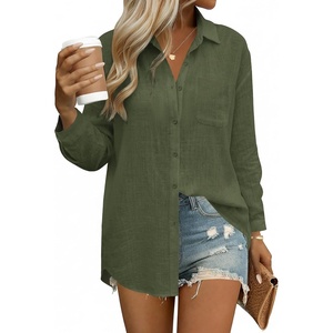 image:imageHOTOUCH Womens Button Down Shirts Linen Cotton Long Sleeve Blouses Casual Collared Loose Fit Gauze Tops with PocketParmy Green