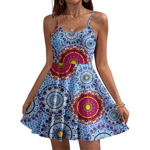 image:imageHOTOUCH Womens Summer Dress Adjustable Spaghetti Strap Floral Mini Casual Dress with Pockets Fit amp Flare Beach SundressBlue Geometric