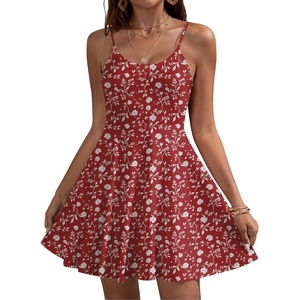 image:imageHOTOUCH Womens Summer Dress Adjustable Spaghetti Strap Floral Mini Casual Dress with Pockets Fit amp Flare Beach SundressRed White Floral