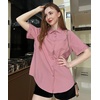 image:imageHOTOUCH Women Summer Button Down Shirt Short Sleeve Cotton Blouses Button Up Tops Beach Vacation OutfitsBdark Pink