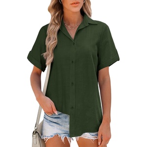 image:imageHOTOUCH Women Summer Button Down Shirt Short Sleeve Cotton Blouses Button Up Tops Beach Vacation OutfitsAarmy Green