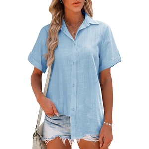 image:imageHOTOUCH Women Summer Button Down Shirt Short Sleeve Cotton Blouses Button Up Tops Beach Vacation OutfitsAclear Blue
