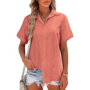 image:imageHOTOUCH Women Summer Button Down Shirt Short Sleeve Cotton Blouses Button Up Tops Beach Vacation OutfitsAtangerine