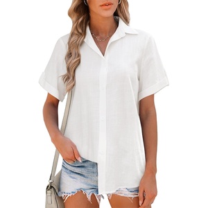image:imageHOTOUCH Women Summer Button Down Shirt Short Sleeve Cotton Blouses Button Up Tops Beach Vacation OutfitsAwhite