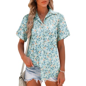 image:imageHOTOUCH Women Summer Button Down Shirt Short Sleeve Cotton Blouses Button Up Tops Beach Vacation OutfitsBblue Leaves