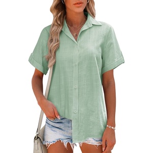 image:imageHOTOUCH Women Summer Button Down Shirt Short Sleeve Cotton Blouses Button Up Tops Beach Vacation OutfitsBlight Green