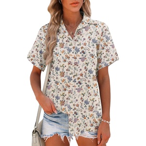 image:imageHOTOUCH Women Summer Button Down Shirt Short Sleeve Cotton Blouses Button Up Tops Beach Vacation OutfitsCcream Floral