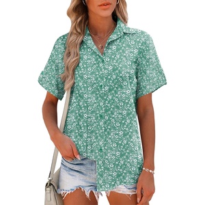 image:imageHOTOUCH Women Summer Button Down Shirt Short Sleeve Cotton Blouses Button Up Tops Beach Vacation OutfitsCgreen Floral
