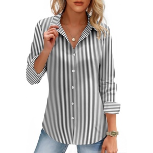 image:imageHOTOUCH Womens Button Down Shirts Long Sleeve Dress Shirt Slim Fitted Work Tops Collared Dressy Casual Business BlousesBlack Stripes