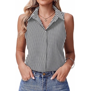 image:imageHOTOUCH Womens Sleeveless Button Down Shirts HiddenButton Front Collared Dressy Casual Blouses Loose Office Tank TopsBlack Striped