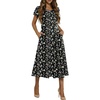 image:imageHOTOUCH Summer Dresses for Women 2026 Casual Midi Dress Petal Short Sleeve A Line Dress Pleated Flare SundressBlack Green Floral