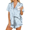 image:imageHOTOUCH Womens Satin Pajamas Set Button Down 2 Piece Silk Pjs Shorts Set Ruffle Lingerie Notch Collar SleepwearBlue Bowknot