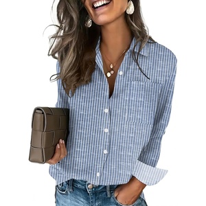 image:imageHOTOUCH Button Down Shirts for Women Long Sleeve Blouse Dressy Casual Business Work Tops with PocketStripes Blue