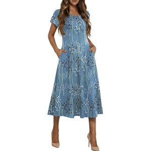 image:imageHOTOUCH Summer Dresses for Women 2026 Casual Midi Dress Petal Short Sleeve A Line Dress Pleated Flare Sundress02 Blue Flower