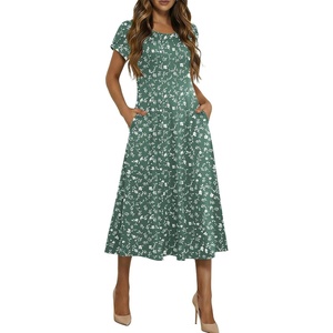 image:imageHOTOUCH Summer Dresses for Women 2026 Casual Midi Dress Petal Short Sleeve A Line Dress Pleated Flare Sundress02 Green Flower