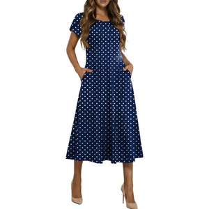 image:imageHOTOUCH Summer Dresses for Women 2026 Casual Midi Dress Petal Short Sleeve A Line Dress Pleated Flare Sundress02 Navy Dot