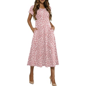 image:imageHOTOUCH Summer Dresses for Women 2026 Casual Midi Dress Petal Short Sleeve A Line Dress Pleated Flare Sundress02 Pink Dot