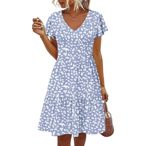 image:imageHOTOUCH Womens Casual Summer Dress with Pockets V Neck Ruffle Sleeve ALine DressesBlue Dot
