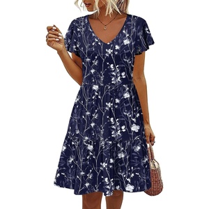 image:imageHOTOUCH Womens Casual Summer Dress with Pockets V Neck Ruffle Sleeve ALine DressesBlue Floral1