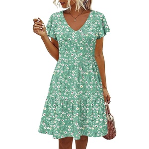 image:imageHOTOUCH Womens Casual Summer Dress with Pockets V Neck Ruffle Sleeve ALine DressesGreen Floralprinted