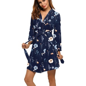 image:imageHOTOUCH Womens Robe Lightweight Short Knit Bathrobe Soft Ladies Sleepwear with PocketsP Floral Branch Navy