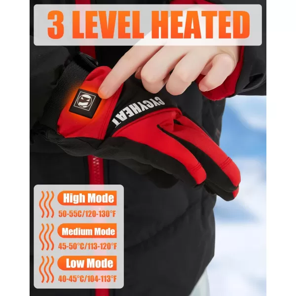Kids Heated Gloves  Boys and Girls Waterproof Ski Heating Gloves with 2pcs DC 2700mAh Battery 3 Heating LevelsBlackRed