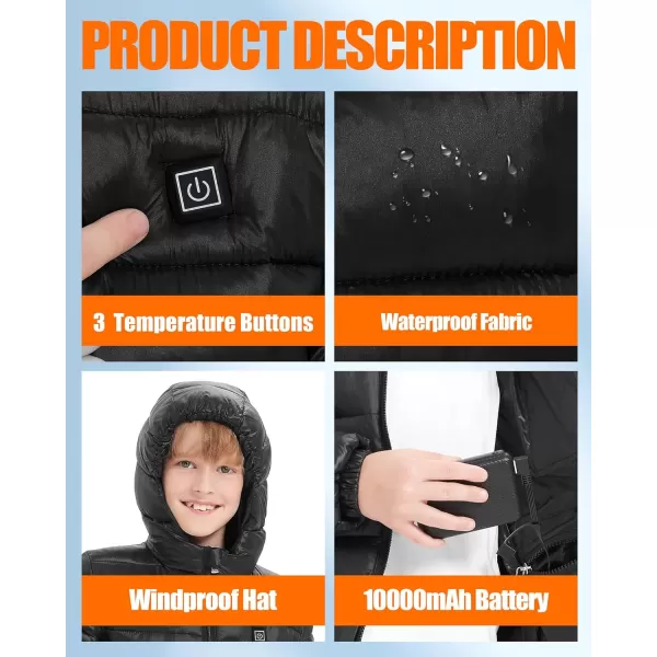 Kids Heated Jacket  Boys and Girls Heating Jackets Hoodie Coat With Battery Pack Heated Clothing for SkiingBlack