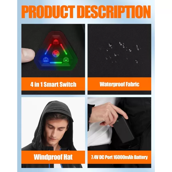 Men Heated Jacket  Soft Shell Electric Heating Hoodie Coat for Mens with 74v Battery 4 in 1 Smart ControllerBlack