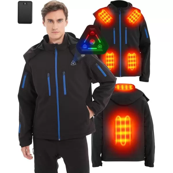 Men Heated Jacket  Soft Shell Electric Heating Hoodie Coat for Mens with 74v Battery 4 in 1 Smart ControllerBlack