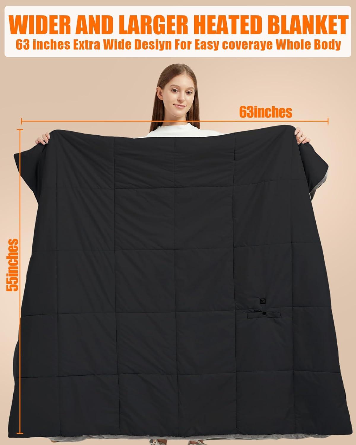 image20000mAh Large Heated Blanket Battery Powered with Upgraded 74V Battery Pack 62x55 in Portable Cordless Throw Electric Rechargeable Heating Blankets Black 62x55 inBlack
