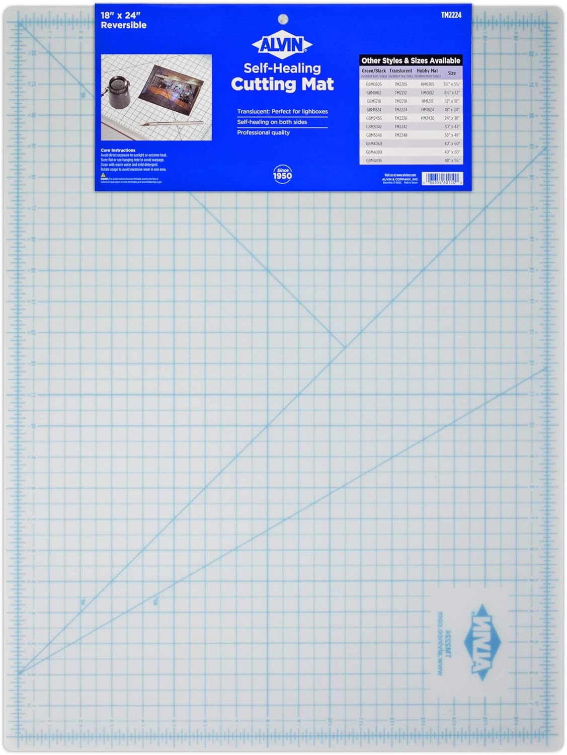 ALVIN TM Translucent Cutting Mat 18 x 24 inch  3mm Layer with Grid on 1 Side  Light Box Compatible  Model TM2224Translucent