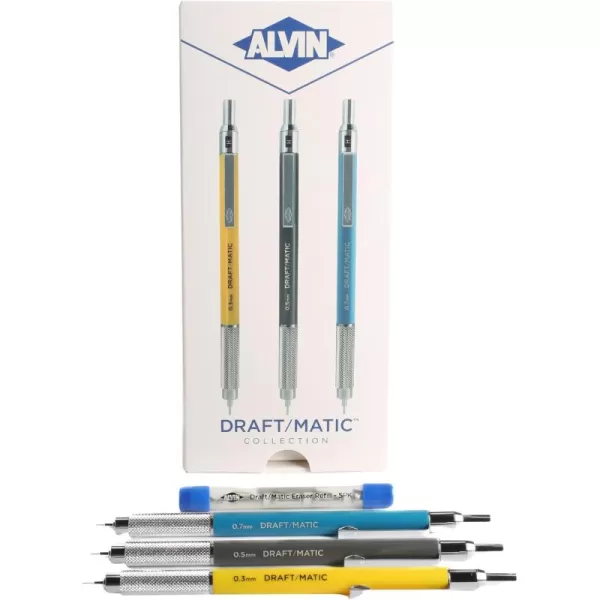 imageAlvin DraftMatic Mechanical Pencil 3 Pack Stainless Steel Drawing and Design Tools Great for Drafting Architecture Engineering and Art  Includes 03mm 05mm and 07mm