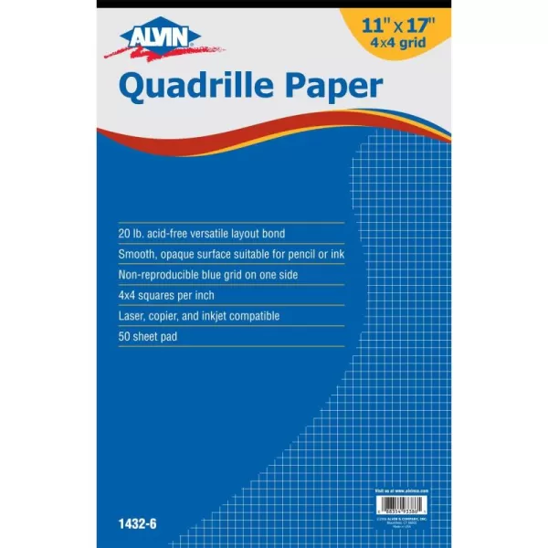 imageALVIN Quadrille Paper Pad 50 Sheets of 85quot x 11quot Model 14321 Drafting and Graph Paper Suitable for Pencil and Ink Printer Compatible 4quot x 4quot Grid  50 Sheet Pad 85quot x 11quot11 x 17
