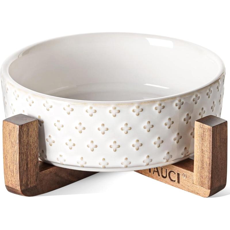 imageLE TAUCI Dog Food Bowls 3 Cups Ceramic Dog Bowls with Acacia Wood Stand Water Bowl for Small Medium Sized Dog Modern Dog Food Dishes Pet BowlsClover