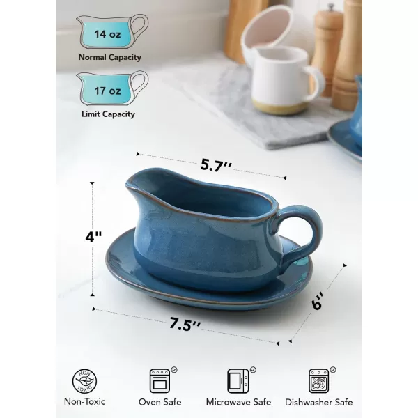 imageLE TAUCI 17oz Gravy Boat with Saucer Stand Set of 2 Ceramic Sauce Boat with Tray for Salad Dressings Creamer Broth Black Pepper WhiteCeylon Blue
