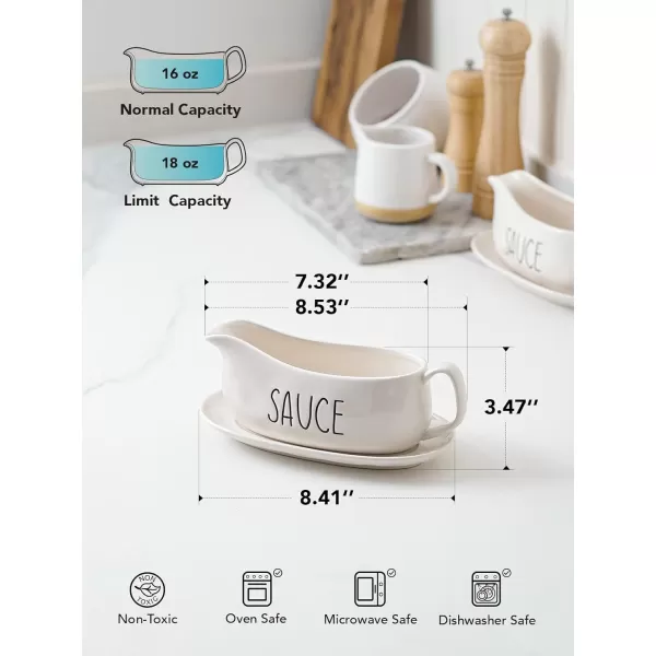 imageLE TAUCI 17oz Gravy Boat with Saucer Stand Set of 2 Ceramic Sauce Boat with Tray for Salad Dressings Creamer Broth Black Pepper WhiteOyster White